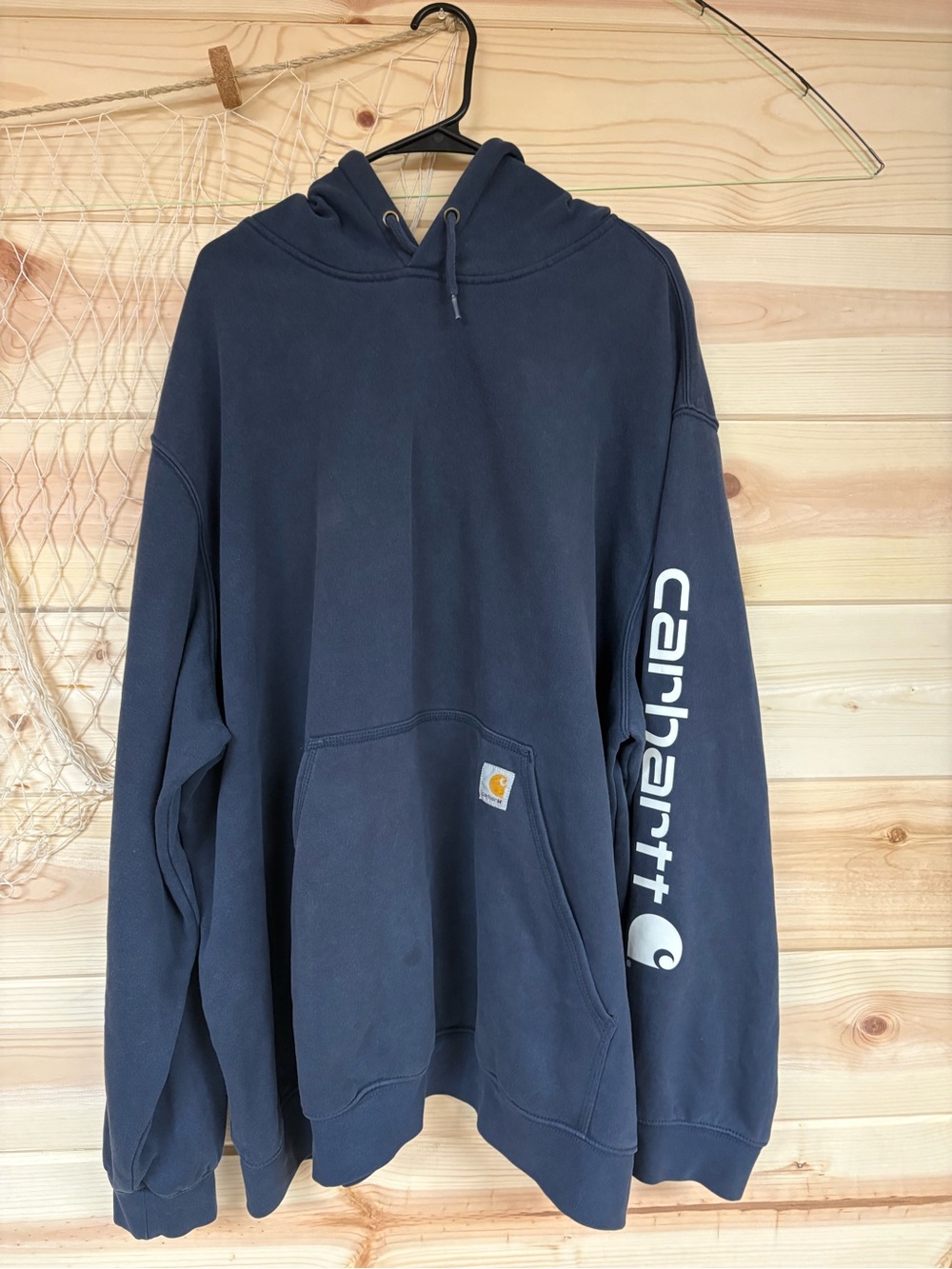 Carhartt Navy Blue Pullover Hoodie with Sleeve Logo